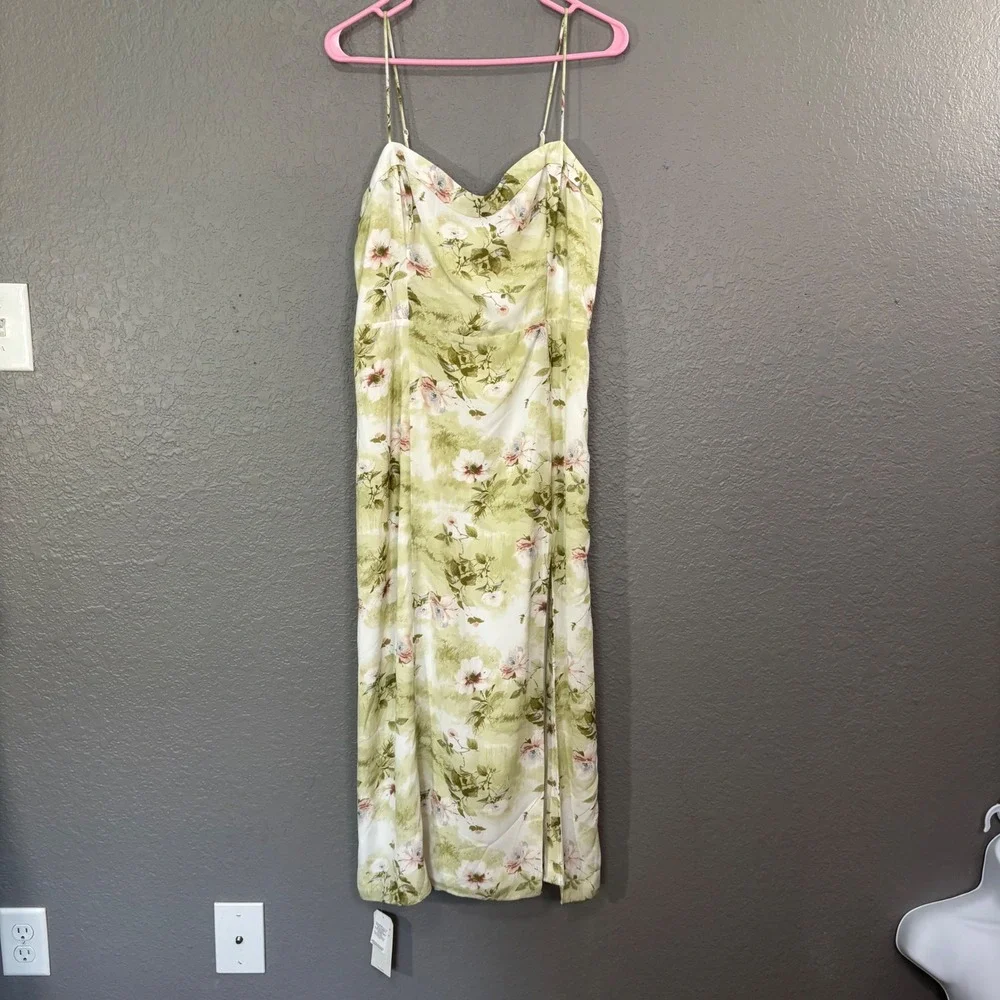 Abercrombie & Fitch Floral Slip Midi Dress Women's Lg Green White Cowl Neck NWT